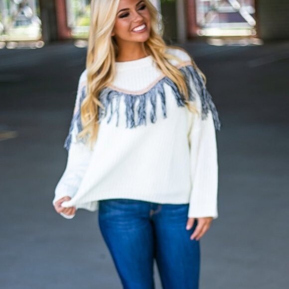 Mustard Seed Ivory Fringe Western Chunky Knit Oversized Boxy Rodeo Sweater Med - Picture 4 of 8